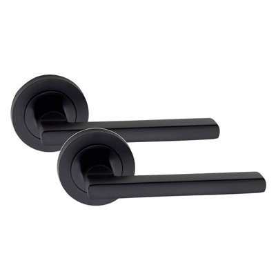 1 Set Leon Design Door Handle On Round Rose Latch Door Handles with 2.5" Tubular Latch Matt Black Finish - GG