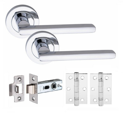 1 Set Leon Door Handles Set Ball Bearing Hinges and Latches Polished Chrome Finish