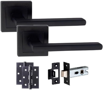 1 Set Matt Black Leon Design Straight Door Handle On Sqaure Rose Latch Door Handles Set with Ball Bearing Hinges and Latch