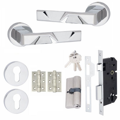 1 Set Nova Design Euro Lock Complete Door Handle Set 70mm Barrell Key Polished Chrome Finish