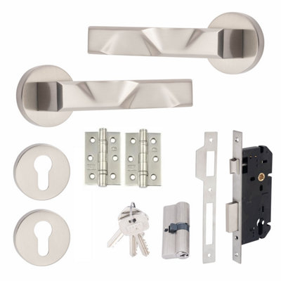 1 Set Nova Design Euro Lock Complete Door Handle Set 70mm Barrell Key Satin Nickel Finish
