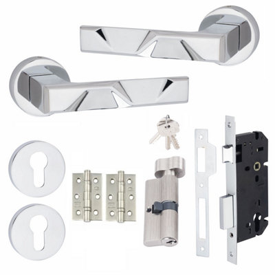 1 Set Nova Design Euro Lock Complete Door Handle Set Thumbturn  Polished Chrome Finish