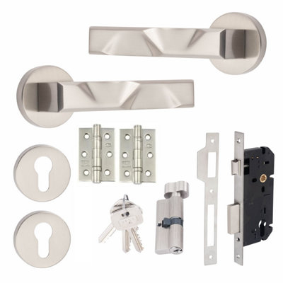 1 Set Nova Design Euro Lock Complete Door Handle Set Thumbturn  Satin Nickel Finish