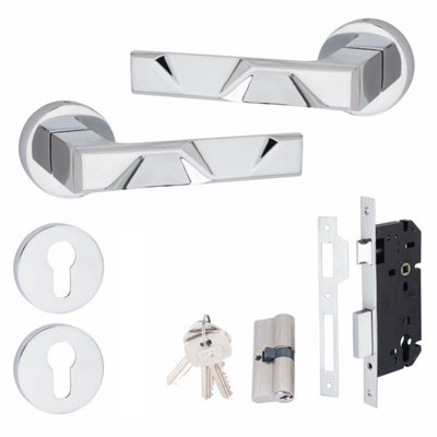 1 Set Nova Design Euro Lock Door Handle Set 70mm Barrell Key Polished Chrome Finish