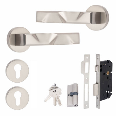 1 Set Nova Design Euro Lock Door Handle Set 70mm Barrell Key Satin Nickel Finish