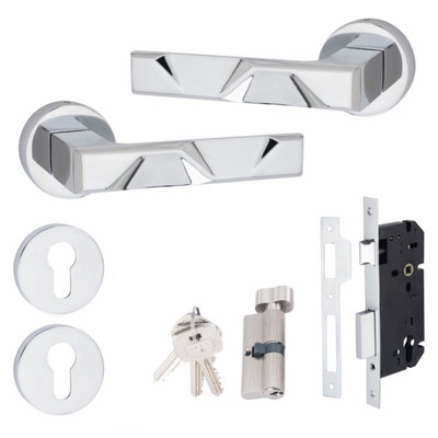 1 Set Nova Design Euro Lock Door Handle Set Thumbturn Key Polished Chrome Finish