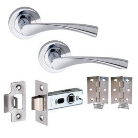 1 Set of Astrid Design Modern Chrome Door Handles on Rose Polished Chrome  with Tubular Latch and Pair of Hinges