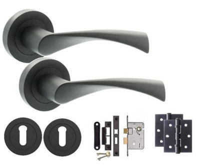 1 Set of Astrid Twist Design Key Lock Door Handle On Round Rose Set in Matte Black Finish Pair of Ball Bearing Hinges - GG