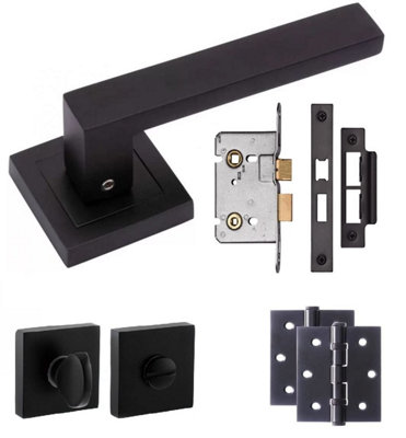 1 Set of Delta Lock Door Handles Set On Square Rose Matte Black Finish Complete Bathroom Set with Ball Bearing Hinges - GG