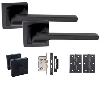 1 Set of Sigma Door Handles Set On Square Rose Matte Black Finish Complete Bathroom Set with Ball Bearing Hinges - GG
