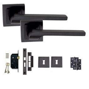 1 Set of Sigma Lock Door Handles Set On Square Rose Matte Black Finish Complete Lock Set Keyhole and Ball Bearing Hinges - GG