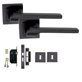 1 Set of Sigma Lock Door Handles Set On Square Rose Matte Black Finish with 3 Lever Black Sash Lock - GG