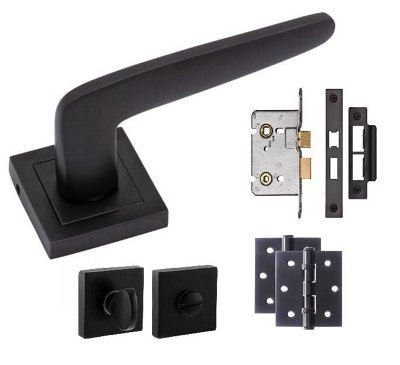 1 Set of Venus Lock Door Handles Set On Square Rose Matte Black Finish Complete Bathroom Set with Ball Bearing Hinges - GG