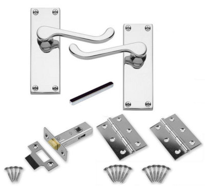 1 Set of Victorian Scroll Latch Door Handles Polished Chrome Hinges & Latches Pack Sets 120mm x 40mm Backplate -