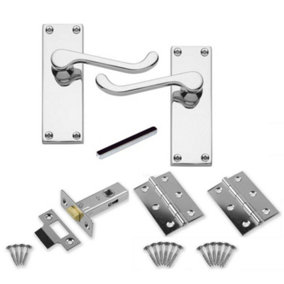 1 Set of Victorian Scroll Latch Door Handles Polished Chrome Hinges & Latches Pack Sets 120mm x 40mm Backplate -