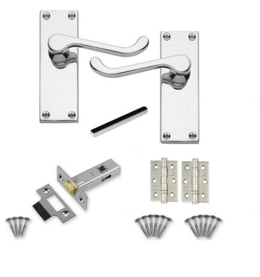 1 Set of Victorian Scroll Latch Door Handles Polished Chrome with Pair of 3" Ball Bearing Hinges & Latches Pack Sets 120 x 40mm