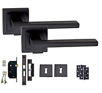1 Set of Zeta Lock Door Handles Set On Square Rose Matte Black Finish Complete Lock Set Keyhole and Ball Bearing Hinges - GG