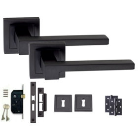 1 Set of Zeta Lock Door Handles Set On Square Rose Matte Black Finish Complete Lock Set Keyhole and Ball Bearing Hinges - GG