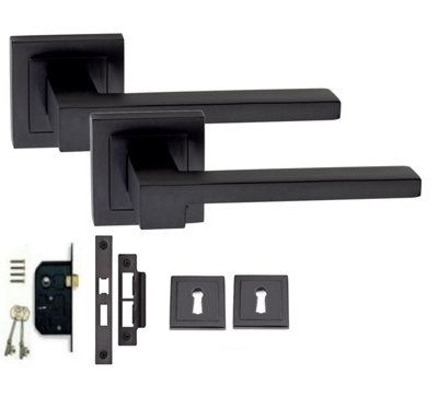 1 Set of Zeta Lock Door Handles Set On Square Rose Matte Black Finish with 3 Lever Black Sash Lock - GG