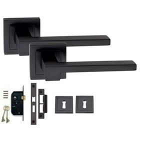 1 Set of Zeta Lock Door Handles Set On Square Rose Matte Black Finish with 3 Lever Black Sash Lock - GG