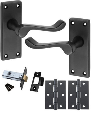 1 Set Premium Victorian Scroll Latch Door Handles Matt Black Finish Ball Bearing Hinges & Black Latch Pack 120 x 40mm - GG
