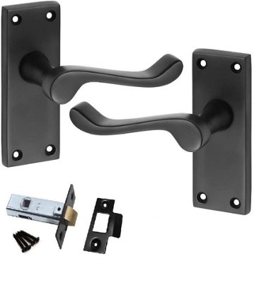 1 Set Premium Victorian Scroll Latch Door Handles Matt Black Finish with Black Latch Pack Sets 120mm x 40mm - GG