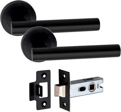 1 Set Straight T-Bar Design Door Handle On Round Rose Latch Door Handles with 2.5" Tubular Latch Matt Black Finish - GG