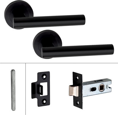 1 Set Straight T-Bar Design Door Handle On Round Rose Latch Door Handles with 2.5" Tubular Latch Matt Black Finish - GG