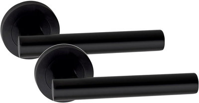 1 Set Straight T-Bar Design Door Handle On Round Rose Latch Door Handles with 2.5" Tubular Latch Matt Black Finish - GG