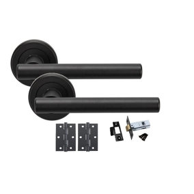 1 Set Straight T-Bar Design Matt Black Finish Door Handles On Rose with Black Ball Bearing Hinges and Black 64mm Tubular Latch