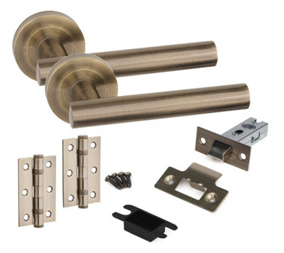 1 Set Straight T-Bar Door Handles Set Ball Bearing Hinges and Latches Antique Brass Finish