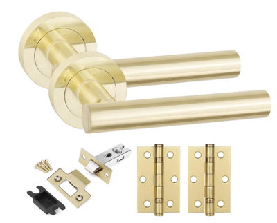 1 Set Straight T-Bar Door Handles Set Ball Bearing Hinges and Latches Satin Brass Finish