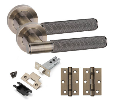1 Set Straight T-Bar Knurled Door Handles Set Ball Bearing Hinges and Latches Antique Brass Finish