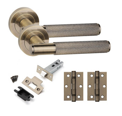 1 Set Straight T-Bar Linear Door Handles Set Ball Bearing Hinges and Latches Antique Brass Finish