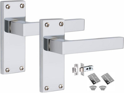 1 Set Victorian Straight Delta Handle Latch Door Handles, Polished Chrome, 1 Pair 3" Standard Butt Hinges, 120mm x 40mm Backplate