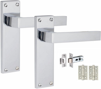 1 Set Victorian Straight Delta Handle Latch Door Handles, Silver Polished Chrome, 1 Pair 3" Ball Bearing Hinges, 150mm x 40mm