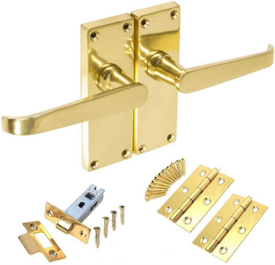 1 Set Victorian Straight Polished Brass Lever Latch Door Handles Sets with 2.5 " Latch and Standard Butt Hinges