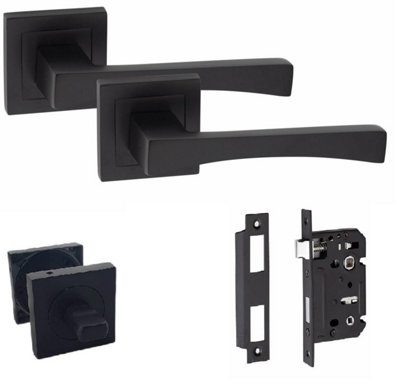 1 Set Wave Design Bathroom Door Handle Set Matt Black Finish