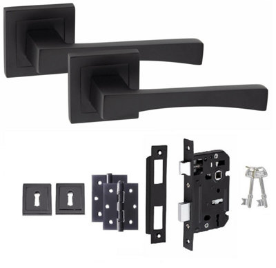 1 Set Wave Design Door Handles Matt Black Key Lock Set With Ball bearing Hinges