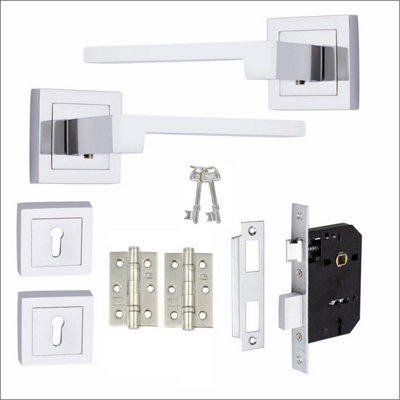 1 Set Zeta Design Door Handles Polished Chrome Key Lock Set With Ball bearing Hinges