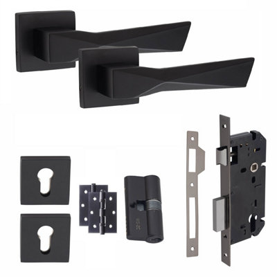 1 Square Pair Modern Aura Euro Lock Door Handles, 70mm Key & Key Barrell Matt Black Finish and Ball Bearing HInges - Golden Grace