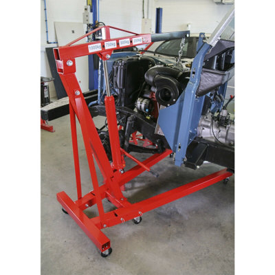 1 Tonne Folding Engine Crane - Side Pump Access - Heavy Duty Castors - Workshop