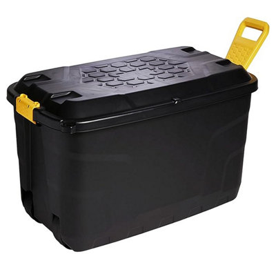 1 x 110 Litre Large Heavy Duty Indoor Outdoor Black Storage Trunk With Lid, Wheels & Yellow Handles
