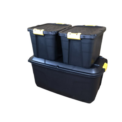 1 x 145L AND 2 x 60L Heavy Duty Trunks 1 on Wheels Sturdy, Lockable, Stackable and Nestable Design Storage Chest Clips in Black