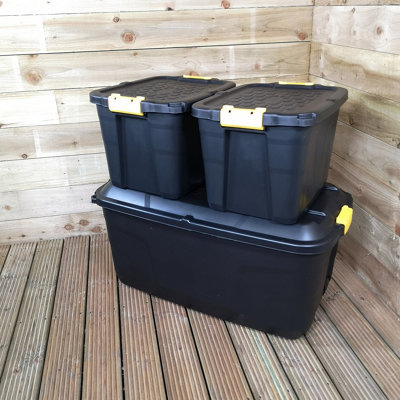 1 x 145L AND 2 x 60L Heavy Duty Trunks 1 on Wheels Sturdy, Lockable, Stackable and Nestable Design Storage Chest Clips in Black