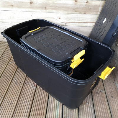 1 x 145L AND 2 x 60L Heavy Duty Trunks 1 on Wheels Sturdy, Lockable, Stackable and Nestable Design Storage Chest Clips in Black