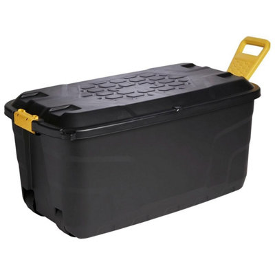 1 x 145L Strong Black XL Capacity Heavy Duty Indoor Outdoor Storage Trunk With Wheels & Handles