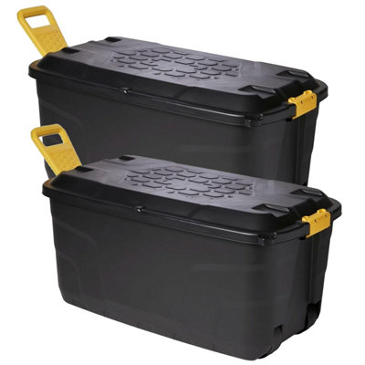 1 x 145L Strong Black XL Capacity Heavy Duty Indoor Outdoor Storage Trunk With Wheels & Handles