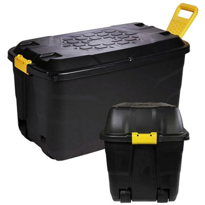 1 x 145L XL Indoor Outdoor Black Plastic Storage Trunk Heavy Duty Complete With Wheels & Handles