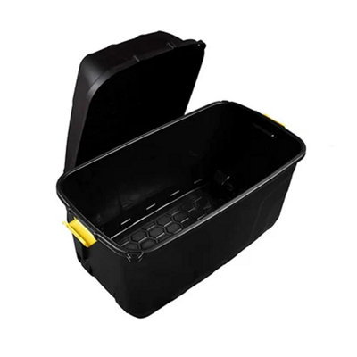 1 x 175 Litre Large Heavy Duty Indoor Outdoor Black Storage Trunk With Clip On Lid & Wheels